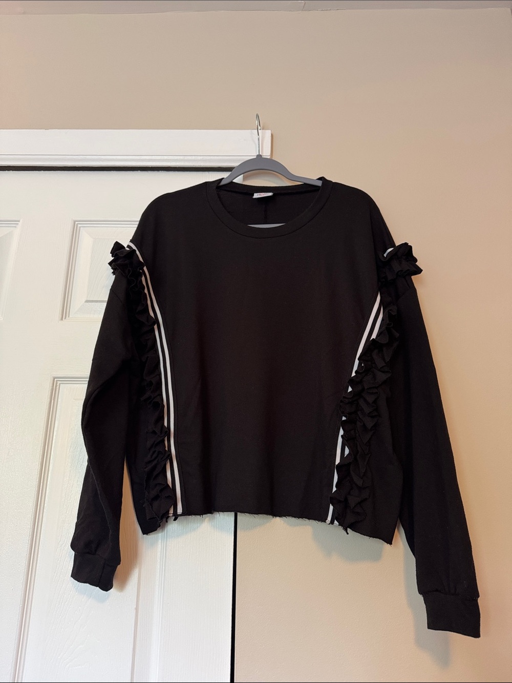 Women's Black Ruffle-Trim Sweatshirt with Contrast Stripes